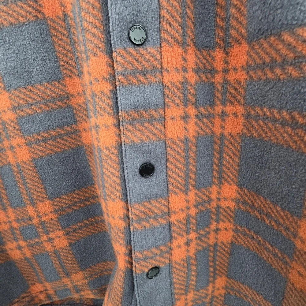 O'NEILL SHACKET PLAID MENS SMALL ORANGE GRAY FLEECE SNAP BUTTONS ARCTIC CHECK
